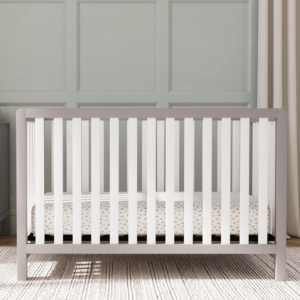 Safety Certified Transformable Baby Crib, Wooden Build Converts to Toddler, Daybed and Full Bed, Adjustable Mattress Levels, Grey And White Color Scheme